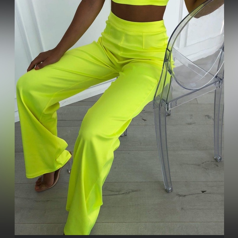 White Fox Boutique Neon Yellow Wide-Leg Trousers